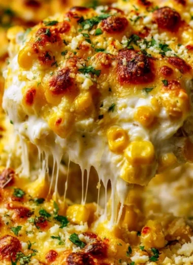 Delicious Street Corn Chicken Casserole topped with creamy cheese and corn