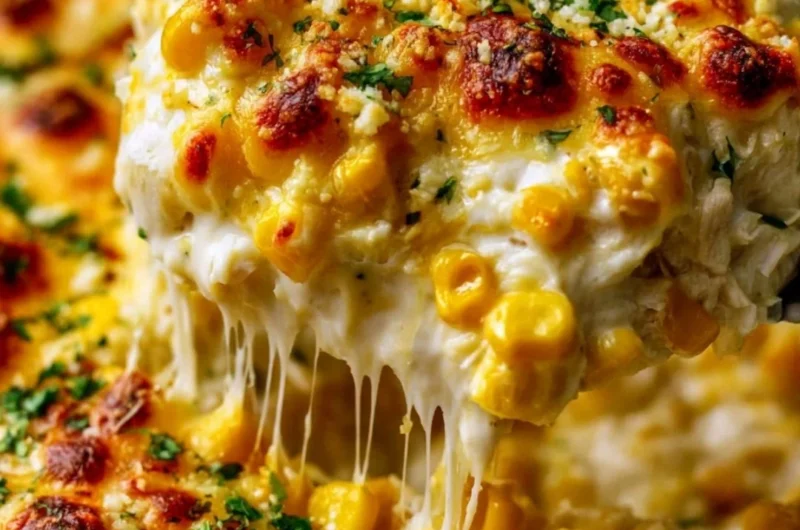 Delicious Street Corn Chicken Casserole topped with creamy cheese and corn
