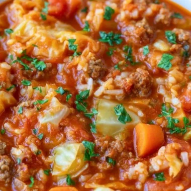Delicious unstuffed cabbage roll soup with fresh ingredients in a bowl