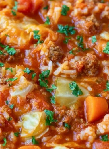 Delicious unstuffed cabbage roll soup with fresh ingredients in a bowl