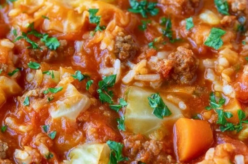 Delicious unstuffed cabbage roll soup with fresh ingredients in a bowl