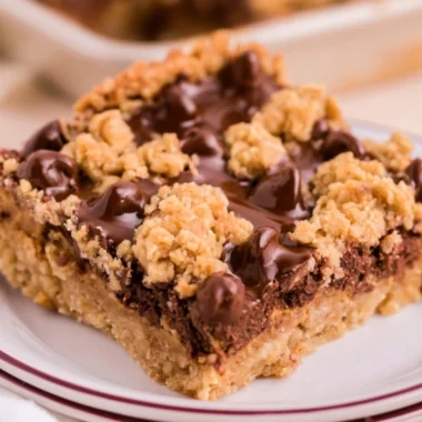 Delicious Chocolate Peanut Butter Oatmeal Bars on a wooden table