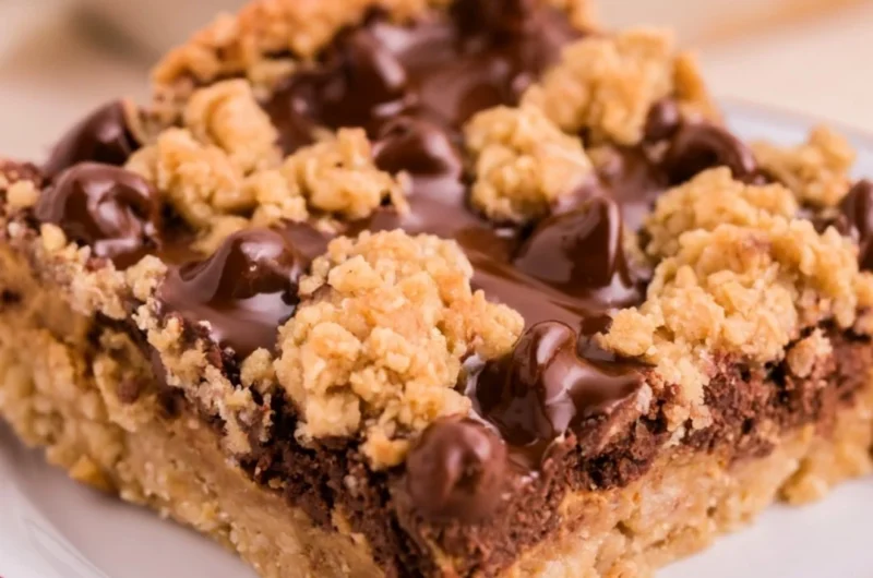 Delicious Chocolate Peanut Butter Oatmeal Bars on a wooden table