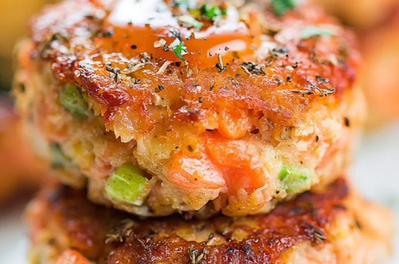 Crispy salmon cakes served with honey sriracha sauce on a plate.
