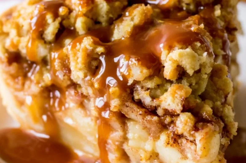 Delicious Dutch Caramel Apple Pie with caramel drizzled on top and fresh apple slices