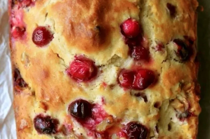 Freshly baked Mom's Cranberry Walnut Bread with cranberries and walnuts