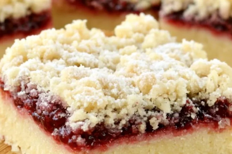 Delicious Raspberry Shortbread Bars with a buttery crust and fresh raspberry layer